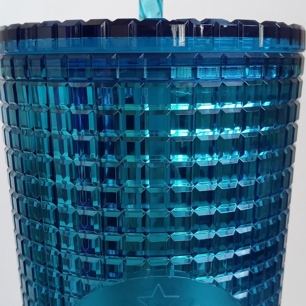 Starbucks Ombre Blue Pink Grid 24 oz Cold Cup Summer Bling Tumbler w Lid Straw